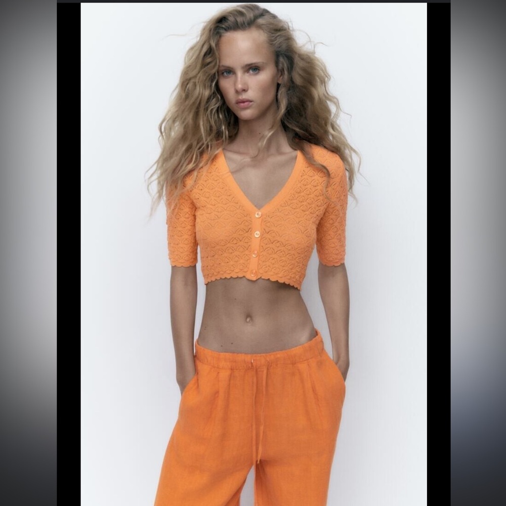 Zara Orange Cropped Knit Button-Front Top